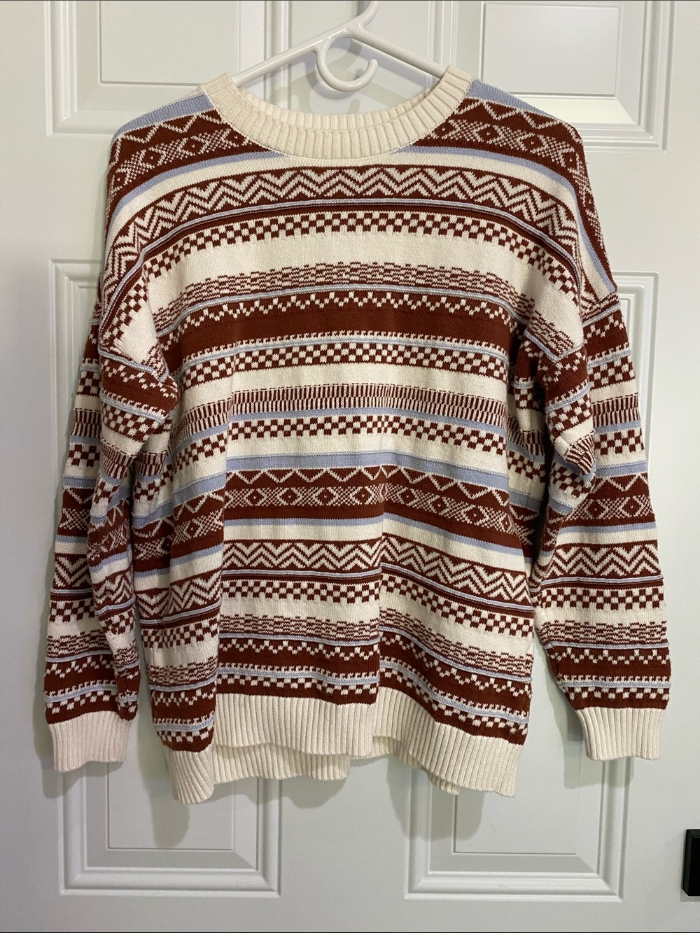 Hollister Cream, Brown & Light Blue Patterned Crewneck Sweater